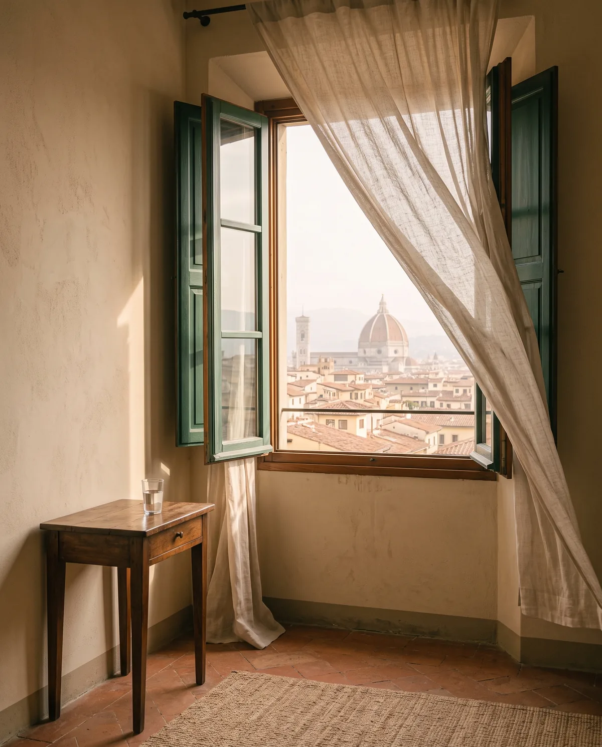 Una stanza luminosa con la finestra aperta sui tetti di Firenze