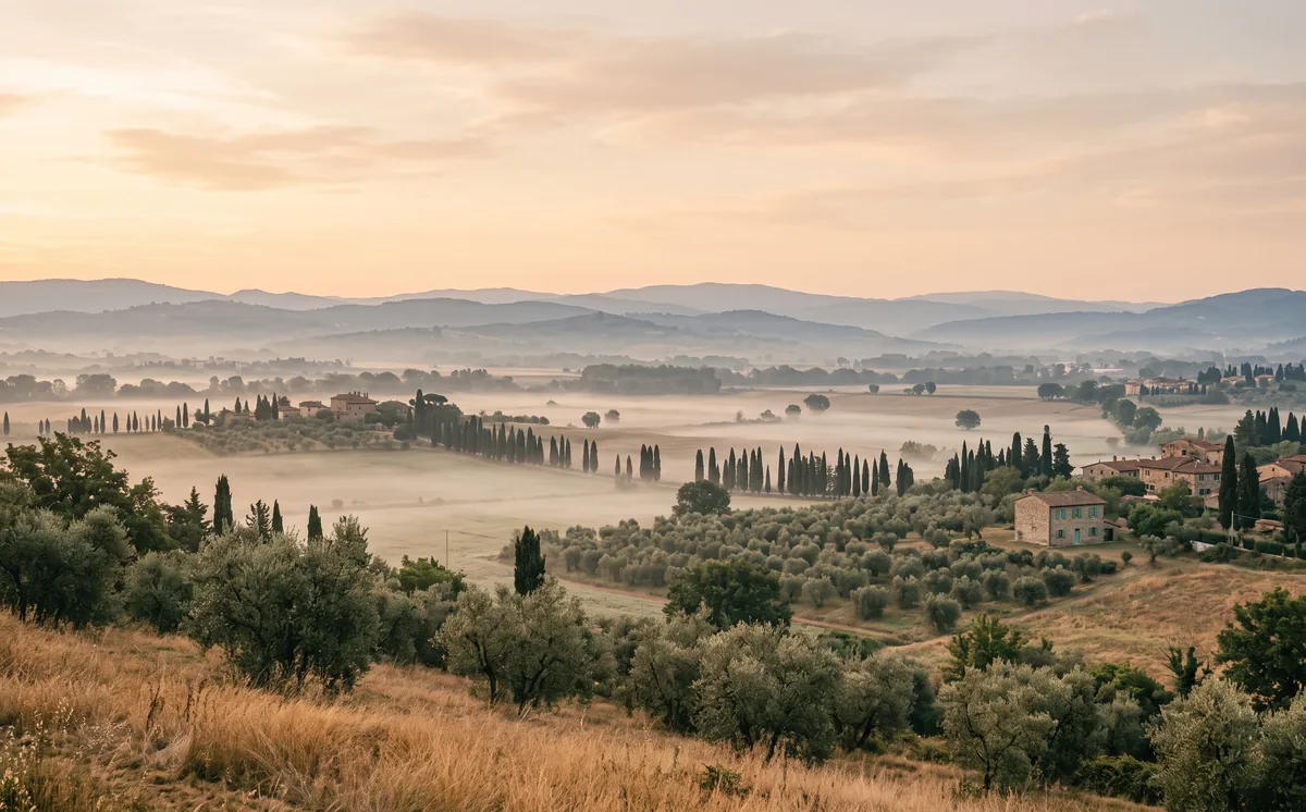 La piana tra Pistoia e Firenze nella foschia del mattino