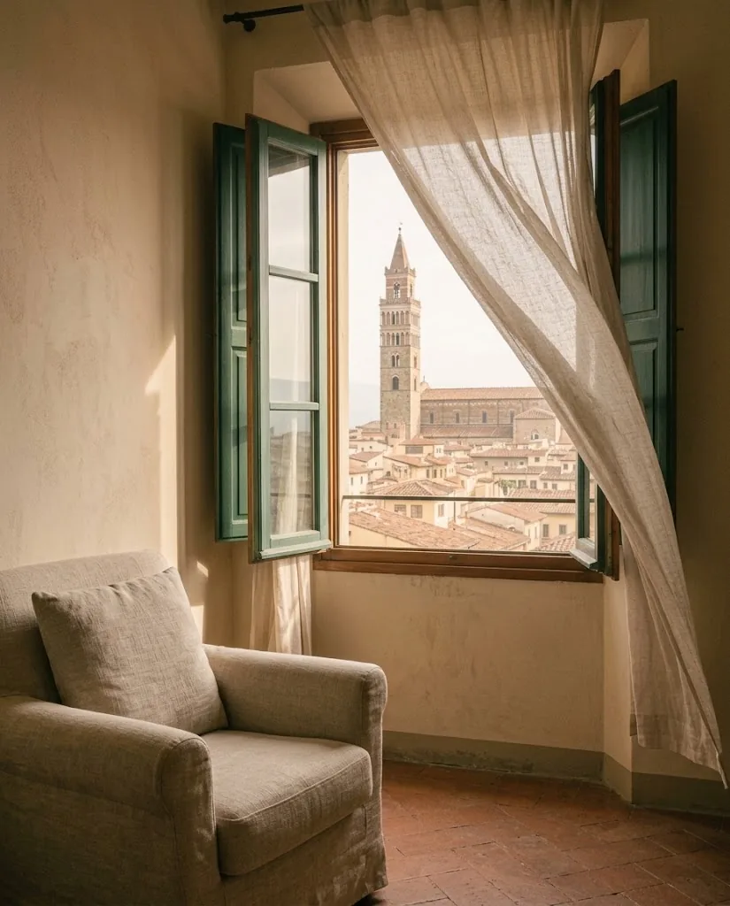 Una poltrona accanto alla finestra aperta sui tetti di Pistoia